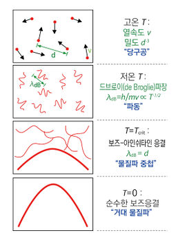 보스-아인슈타인 응축을 설명한 그림. 온도를 낮추면 원자들의 상태 함수가 겹치면서 응축이 일어난다.