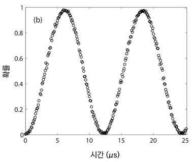 171Yb+ 이온의 하이퍼파인 큐비트 사이의 Rabi oscillation을 측정한 결과.[7]